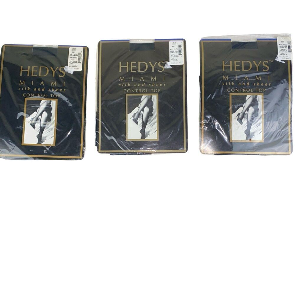 3‎ Pair HEDYS MIAMI Silk & Sheer Control Top Pantyhose XTall/Queen Navy Vintage